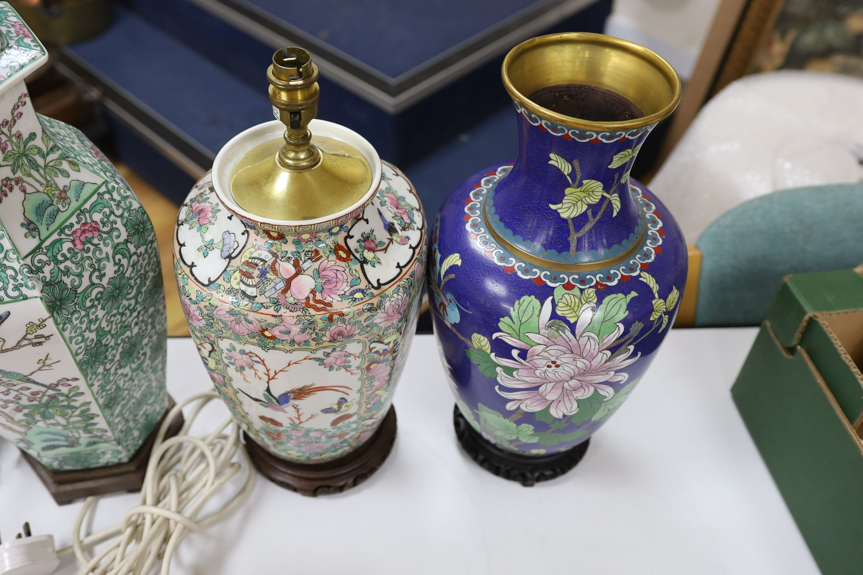 A pair modern Chinese famille rose verte vase lamps, 53cm tall, a famille rose example and Cloisonne vase (4)